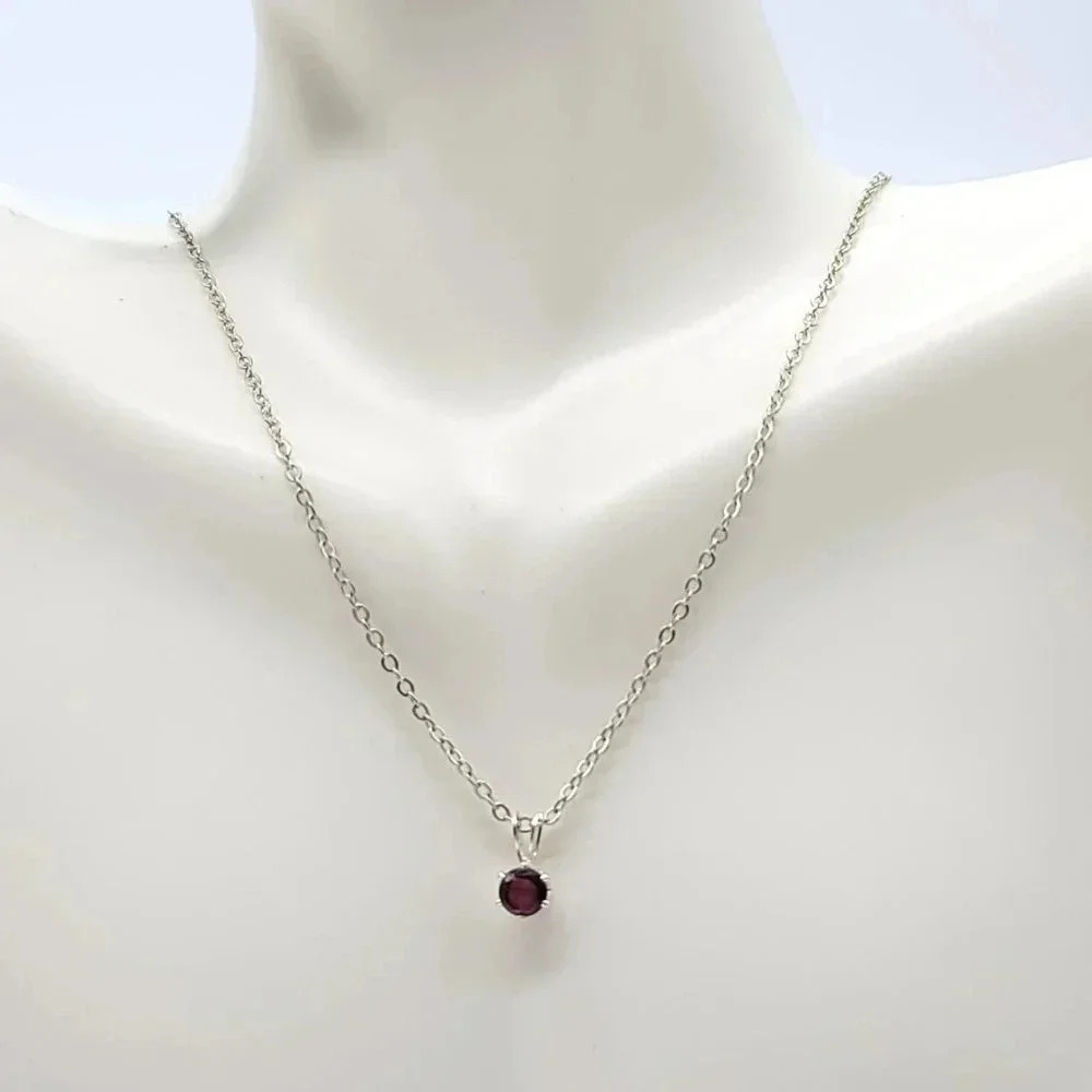 Silver Tone Link Chain Necklace With Faux Round Ruby Glass Solitaire Pendant